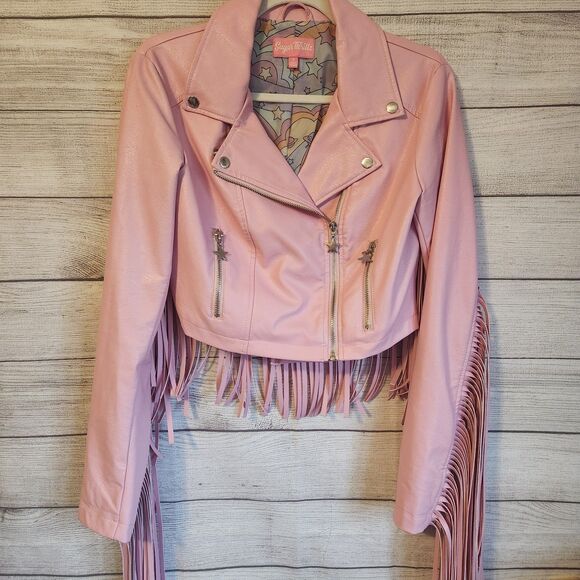 Sugar Thrillz Small Junior Pink Faux Leather Retro Y2k Western fringe Jacket - Picture 1 of 9